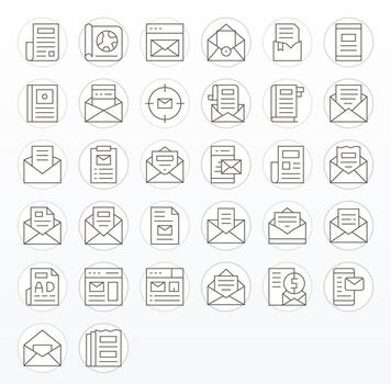 32 Thin Line Icons for Newsletter in crisp 64x64 Pixel Aligned resolution vector