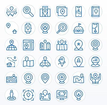 35 Grid Fitted Regular Line Icons from Pinpoint Location Collection vector