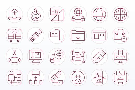 24 Delgado línea íconos para datos transferir en crujiente alto resolución píxel Perfecto resolución vector