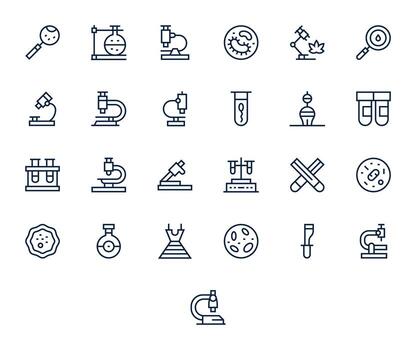 Microscope Ultimate Package with 25 Retina Ready Regular Line Pixel Optimized Icons vector