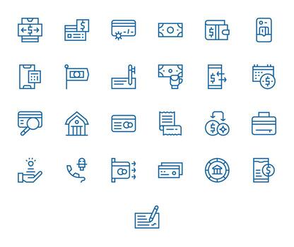25 Icons for Credit featuring 128x128 Grid Fitted Regular Line Graphics vector