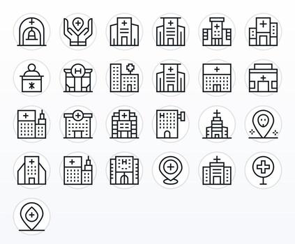 Medical Center Comprehensive Bundle with 25 Grid Fitted Regular Line High Resolution Icons vector