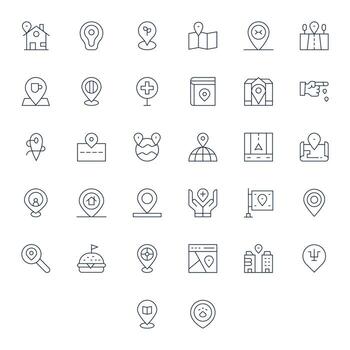 determinar con precisión ubicación completar paquete con 32 alto resolución Delgado línea píxel optimizado íconos vector