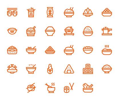 28 High Resolution Bold Line Icons for Rice with Pixel Aligned precision vector