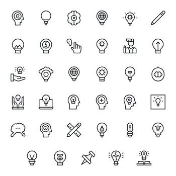 35 Icons inspired by Idea in Pixel Optimized Retina Ready Regular Line quality vector