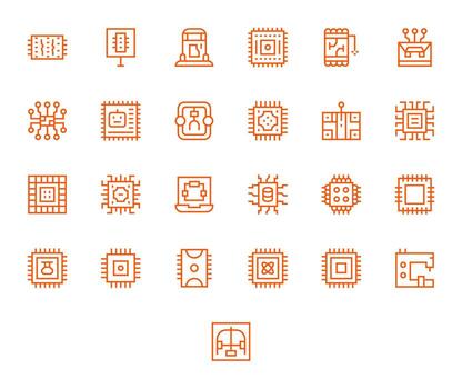25 Grid Fitted Icons themed around Microchip in High Resolution Regular Line format vector