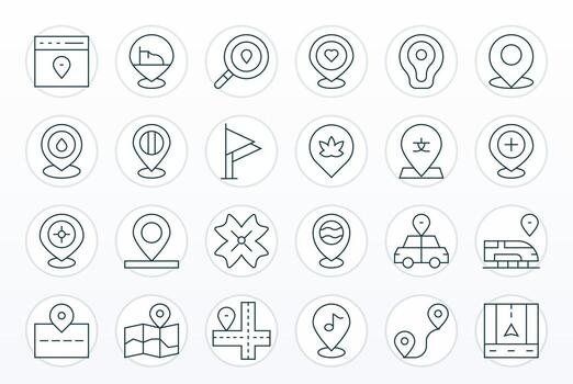 Map Marker Design Icons featuring 24 Pixel Aligned Thin Line Style vector