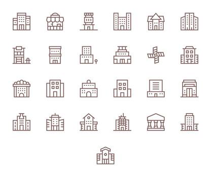 25 Icons for Commercialbuilding featuring High Resolution Grid Fitted Regular Line Graphics vector