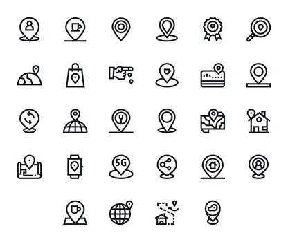 28 Retina Ready Icons for Geolocation in Pixel Aligned Bold Line Format vector