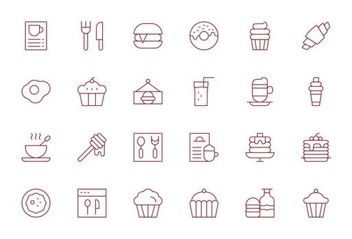 Cafe Menu Icon Toolkit featuring 24 Editable High Resolution Thin Line elements vector