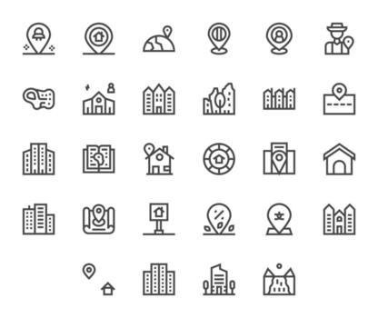 28 Icons for Neighborhood featuring High Resolution Pixel Aligned Bold Line Graphics vector