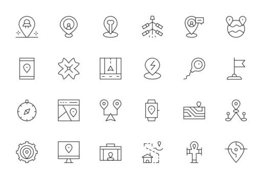GPS icono biblioteca con 24 Delgado línea alto resolución píxel alineado diseños vector