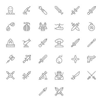 ataque presentando 32 alto resolución íconos en Delgado línea diseño vector