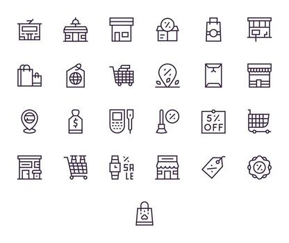Retailer Icon Set with 25 Regular Line 64x64 Pixel Optimized Graphics vector