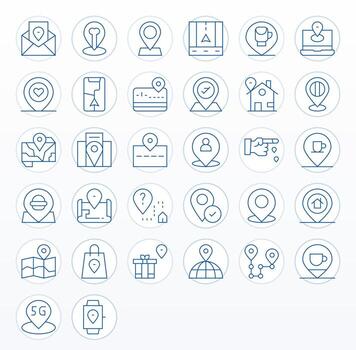 Geolocation Complete Package with 32 128x128 Thin Line Pixel Optimized Icons vector