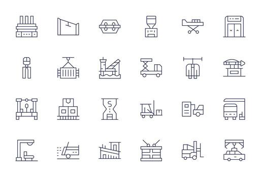 Thin Line Style Unloading Icons with 24 64x64 Pixel Aligned Designs vector