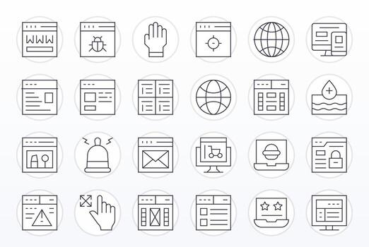 24 Grid Fitted Icons themed around Website in 128x128 Thin Line format vector