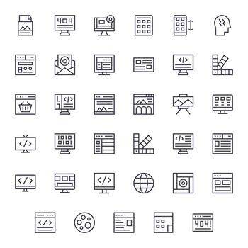 35 PIXEL Perfect Icons themed around Web Design in 256x256 Regular Line format vector