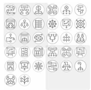 32 íconos para diagrama de flujo presentando 128x128 monitor Perfecto Delgado línea gráficos vector