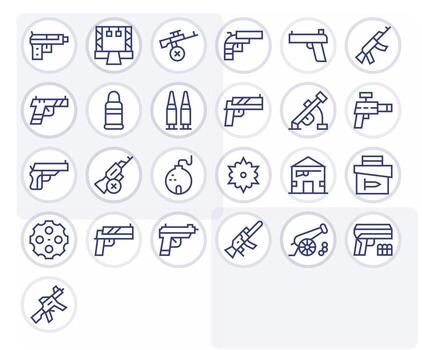 Firearm High Resolution Icon Pack with 25 Regular Line PIXEL Perfect Elements vector