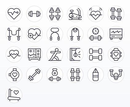 Cardio Scalable Set featuring 25 Grid Fitted Regular Line 64x64 Icons vector