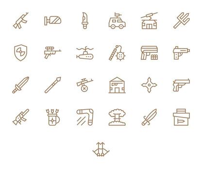 25 Regular Line Pixel Optimized Designs for Weapon High Resolution Icons vector