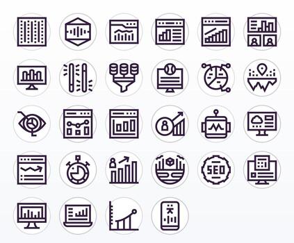 28 Pixel Optimized Icons themed around Analytics in High Resolution Bold Line format vector