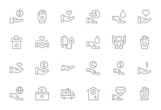 Donation High Resolution Icon Pack with 24 Thin Line Grid Fitted Elements vector