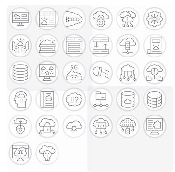 32 Icons inspired by Cloud Computing in Pixel Optimized 64x64 Thin Line quality vector