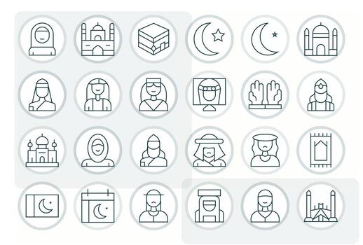 Muslim Comprehensive Bundle with 24 Pixel Optimized Thin Line Retina Ready Icons vector