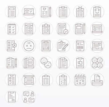 Questionnaire Visual Pack containing 32 Thin Line Pixel Optimized Icons vector
