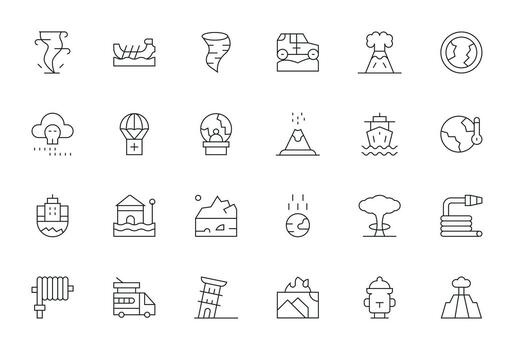 Disaster Visual Pack containing 24 Thin Line Pixel Optimized Icons vector