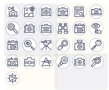 Lens Digital Pack containing 25 Grid Fitted Regular Line High Resolution Icons vector