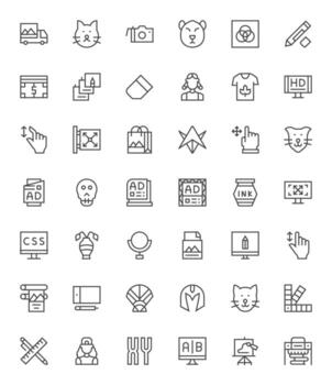 Graphic Design Icon Collection featuring 42 Pixel Aligned 256x256 Regular Line Designs vector