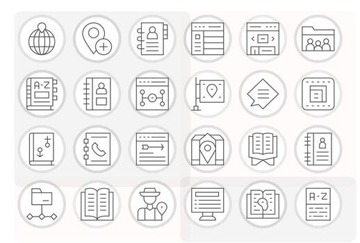 24 PIXEL Perfect Thin Line Icons designed for Directory Interface vector