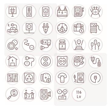 Power Supply Icon Toolkit featuring 35 Grid Fitted High Resolution Regular Line elements vector