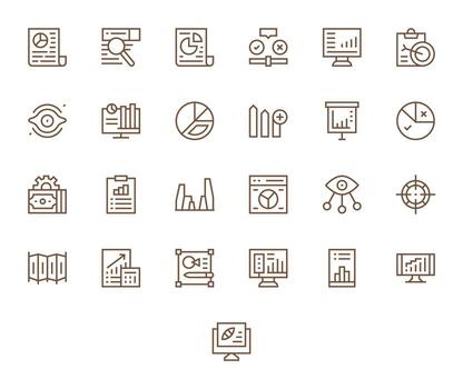 Regular Line Style Data Analysis Icons with 25 256x256 Pixel Aligned Designs vector