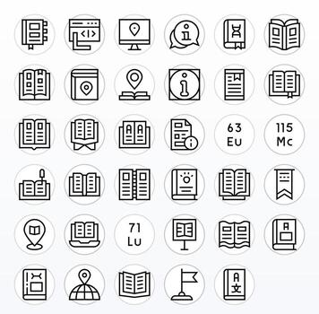 35 cuadrícula equipado íconos temática alrededor referencia en 128x128 regular línea formato vector