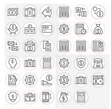 35 PIXEL Perfect Regular Line Icons designed for Budgeting Interface vector