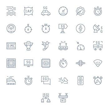 32 Thin Line Icons for Speed in crisp 256x256 Editable resolution vector