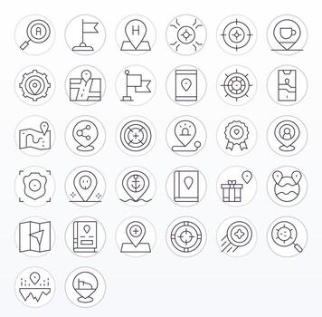 Pinpoint Scalable Set featuring 32 PIXEL Perfect Thin Line High Resolution Icons vector