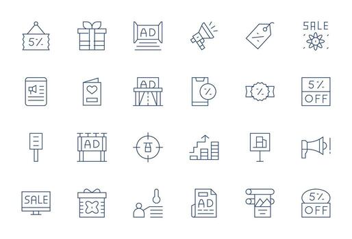 24 High Resolution Thin Line Icons for Promotion with Pixel Optimized precision vector