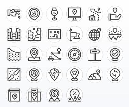 Map Scalable Set featuring 28 Display Perfect Bold Line Retina Ready Icons vector