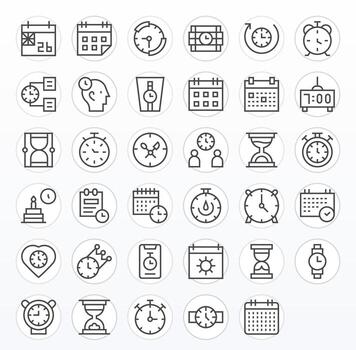 Deadline High Resolution Icon Pack with 35 Regular Line Grid Fitted Elements vector