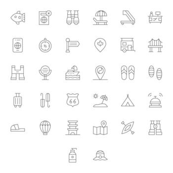 Travel Complete Package with 32 High Resolution Thin Line Pixel Optimized Icons vector