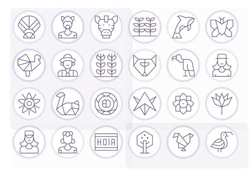 24 Grid Fitted Icons themed around Stylized in High Resolution Thin Line format vector
