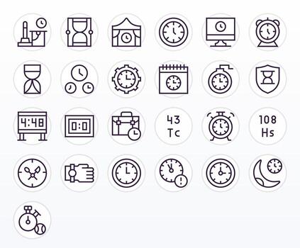 Clock Visual Pack containing 25 Regular Line Pixel Optimized Icons vector