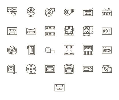 Tape Scalable Set featuring 25 PIXEL Perfect Regular Line High Resolution Icons vector