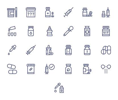 Dosage Pixel Aligned Set with 25 High Resolution Regular Line Icons vector