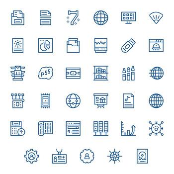 35 Icons inspired by Data in Pixel Aligned High Resolution Regular Line quality vector